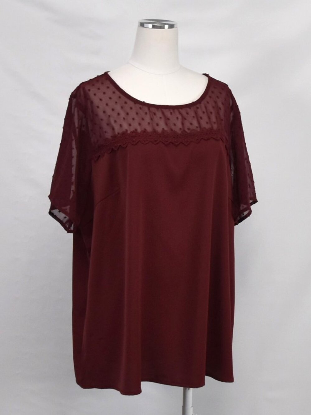 Agnes Orinda Polka Dot Mesh Contrast Panel Lace Accent Blouse Burgundy